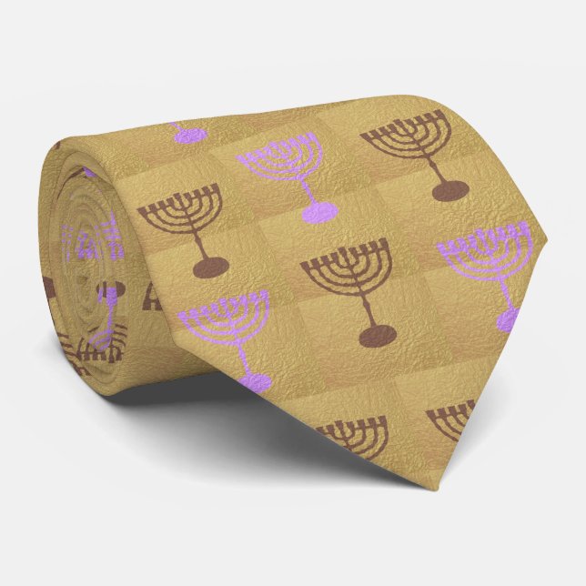 Hanukkah Festival Party Gold Menorah Pattern Neck Tie (Rolled)