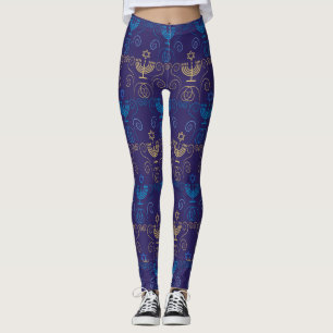 Hanukkah Festival Party Trendy Blue Doodle Pattern Leggings