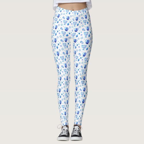 Hanukkah Festival Party Trendy Blue Doodle Pattern Leggings