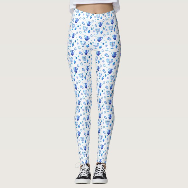 Hanukkah Festival Party Trendy Blue Doodle Pattern Leggings (Front)