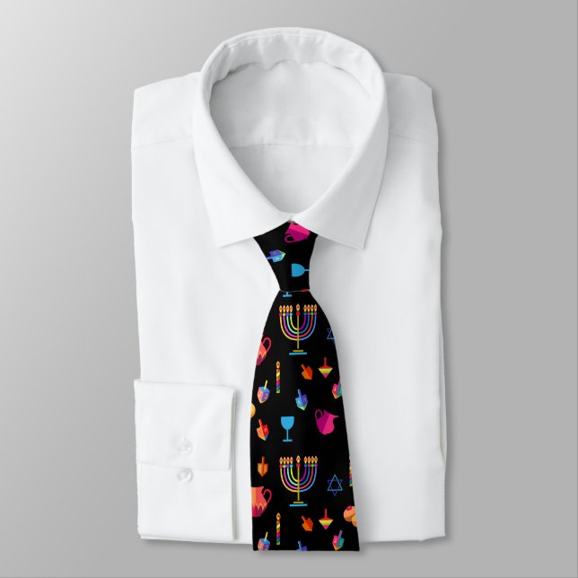 Hanukkah Festival Party Trendy Blue Doodle Pattern Neck Tie (Tied)