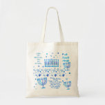 Hanukkah Festival Party Trendy Blue Doodle Pattern Tote Bag<br><div class="desc">Tote Bag Design with Happy Hanukkah Party Beautiful Blue Decoration, Jewish Holiday, symbols and lettering. Hanukkah background with Hebrew Lettering and traditional Chanukah symbols - wooden dreidels (spinning top), donuts, gold menorah, candles, star of David and glowing lights doodle pattern. Hanukkah Festival Event Decoration. Jerusalem, Israel. Design with Text Template....</div>