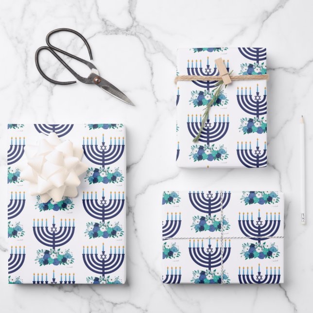 Hanukkah Floral Menorah Wedding Flowers Wrapping Paper Sheets (Front)