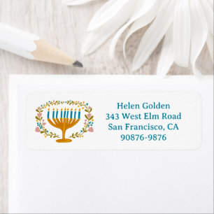 HANUKKAH Floral Wreath Menorah Return Address Label
