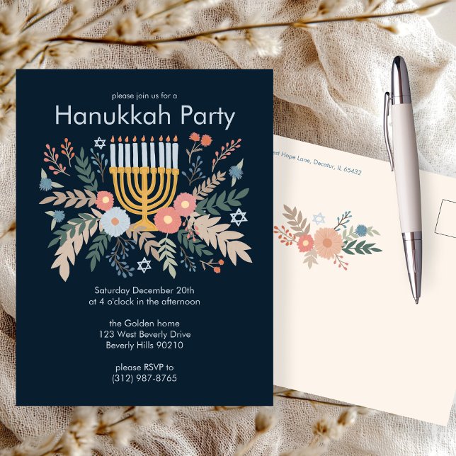 Hanukkah Florals Hand-draw CUSTOM Party Invitation Postcard (Hanukkah Florals Hand-draw CUSTOM Party Invitation Postcard
)