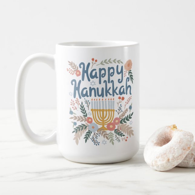 Hanukkah FLorals Hand-drawn Art  Coffee Mug (With Donut)