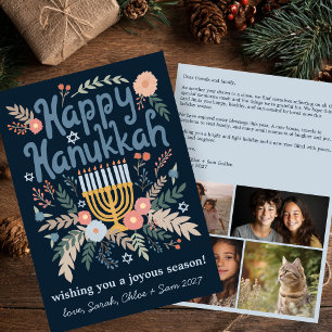 Hanukkah FLorals Hand-drawn Art CUSTOM 4 PHOTO Holiday Card