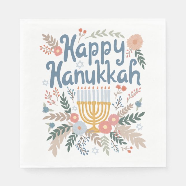 Hanukkah FLorals Hand-drawn Art CUSTOM  Napkins (Front)