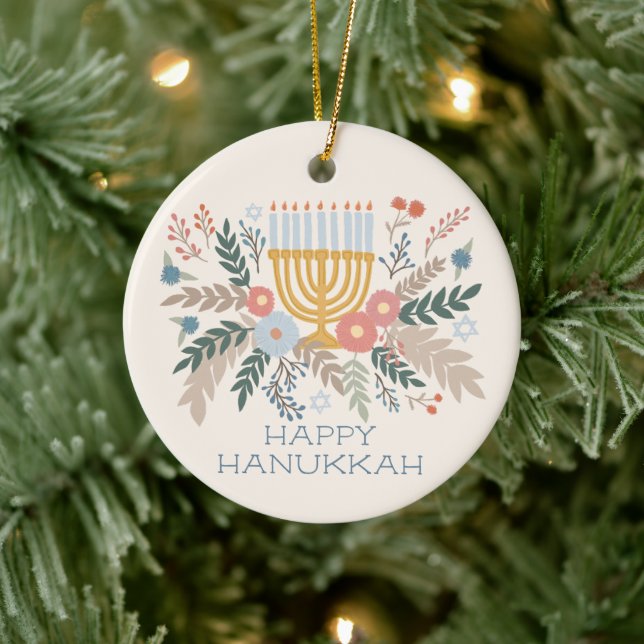 Hanukkah FLorals Hand-drawn Art CUSTOM PHOTO Ceramic Ornament (Tree)