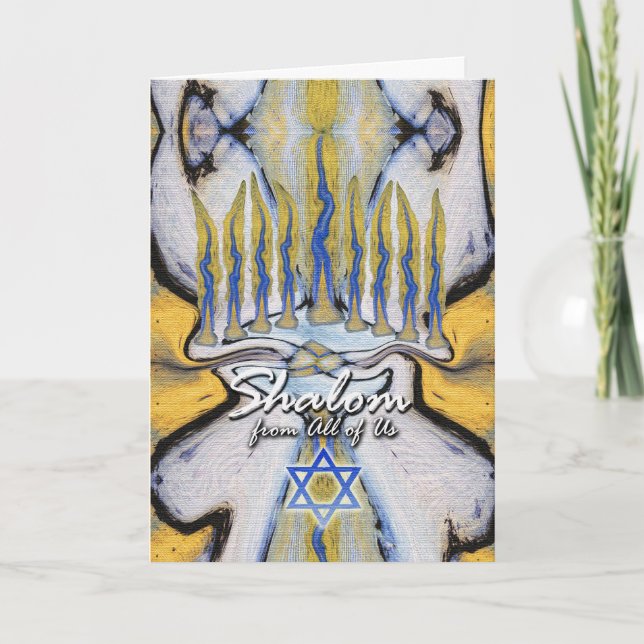 Hanukkah From All of Us Abstract Menorah Painting Holiday Card (Front)