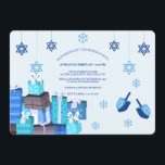 Hanukkah Gift Exchange Party Invitation<br><div class="desc">Start the fun of your Hanukkah party with this delightful invitation featuring dangling Stars of David, presents wrapped in blue, snowflakes and dreidels. (Designed by Freepik). (Designed by Freepik). The card is easy to customize with your wording, font, font color, paper shape options and choice of six paper types.Not exactly...</div>