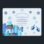 Hanukkah Gift Exchange Party Invitation<br><div class="desc">Start the fun of your Hanukkah party with this delightful invitation featuring dangling Stars of David, presents wrapped in blue, snowflakes and dreidels. (Designed by Freepik). (Designed by Freepik). The card is easy to customize with your wording, font, font color, paper shape options and choice of six paper types.Not exactly...</div>