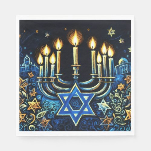 Hanukkah Gift Menorah Pastel Drawing Napkins