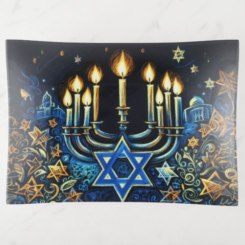 Hanukkah Gift Menorah Pastel Drawing Trinket Tray