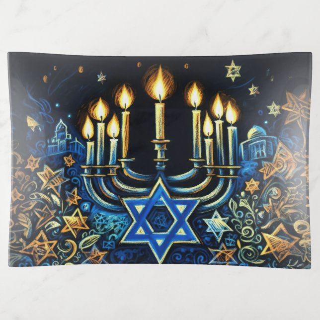 Hanukkah Gift Menorah Pastel Drawing Trinket Tray (Front)
