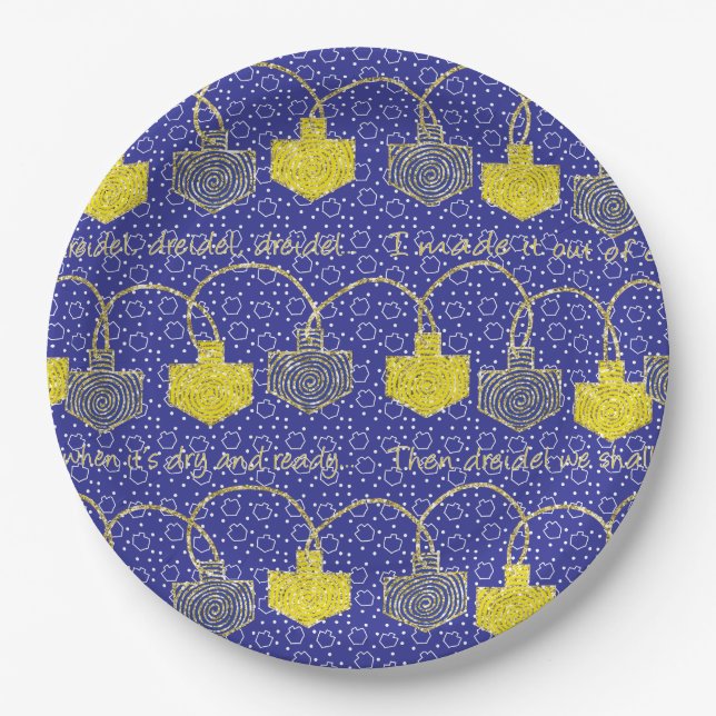 Hanukkah Glittery Dreidels Paper Plates (Front)