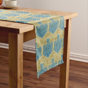 Hanukkah "Gold Blue Dreidels" Long Table Runner
