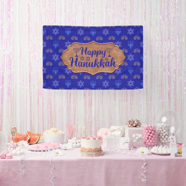Hanukkah Gold Dreidel Star of David Menorah Blue  Banner (Party)