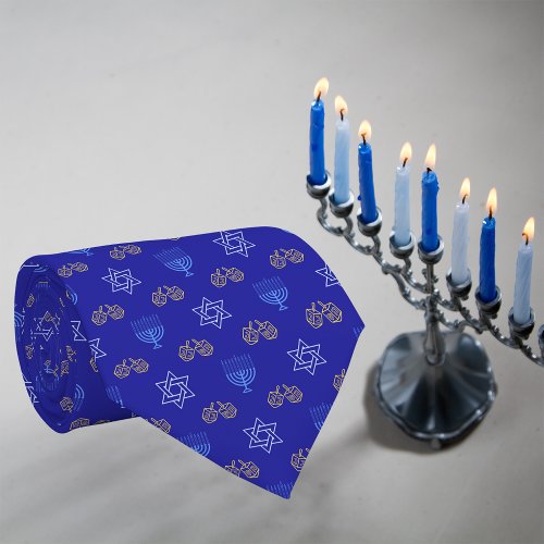 Hanukkah Gold Dreidel Star of David Menorah Blue Neck Tie