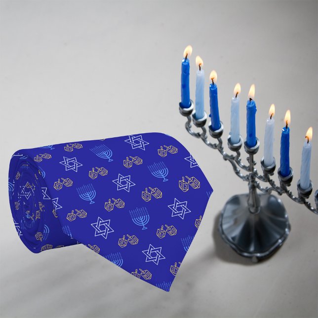 Hanukkah Gold Dreidel Star of David Menorah Blue Neck Tie (Creator Uploaded)