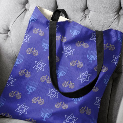 Hanukkah Gold Dreidel Star of David Menorah Blue Tote Bag