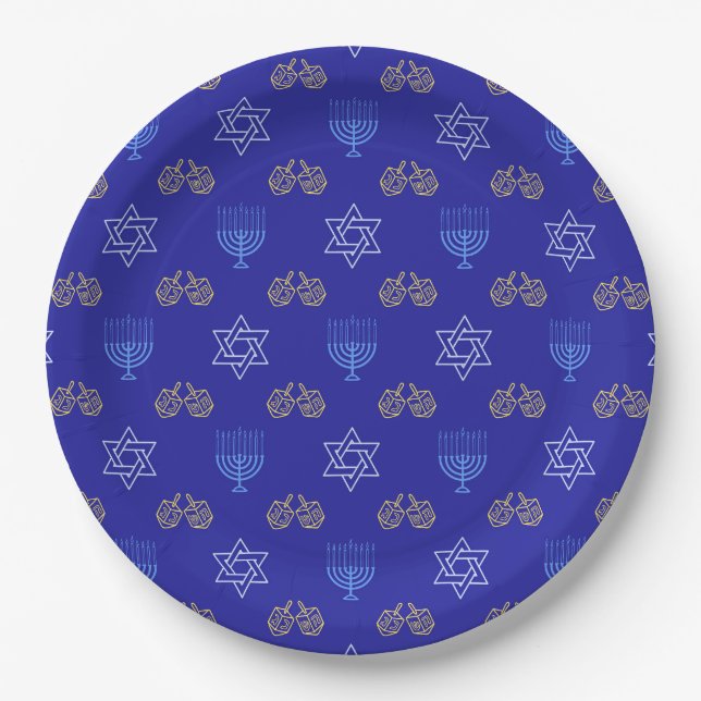 Hanukkah Gold Dreidel Star of David Menorah Paper Plates (Front)