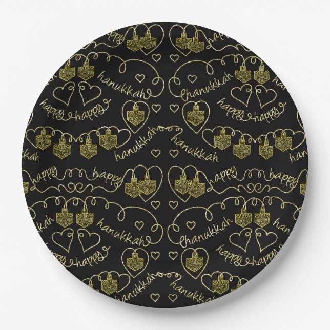 Hanukkah Gold Dreidels Paper Plates (Front)