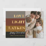 Hanukkah Gold Love Light Latkes Custom Photo Card<br><div class="desc">Our Hanukkah / Chanukah Gold Love Light Latkes Holiday card is an elegant,  classy way to share your Hanukkah/ Chanukah wishes with friends,  family & clients!  With space for you to personalize with your name and Photo.  Inquiries? message us or email bestdresssedbread@gmail.com. Happy Chanukah!!</div>
