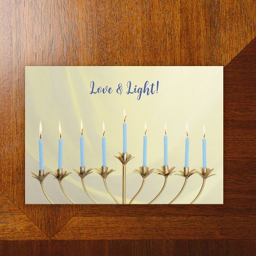 Hanukkah Gold Menorah and Candles Love and Light Holiday Card