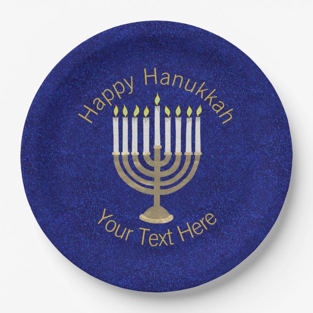 Hanukkah Gold Menorah Elegant Chanukah Party Paper Plates (Front)