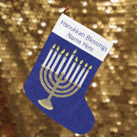 Hanukkah Gold Menorah Elegant Chrismukkah Large Christmas Stocking<br><div class="desc">This elegant Menorah design in soft golds, white and rich navy blue turns this Christmas stocking into a Chrismukkah stocking! Perfect for interfaith families blending their holidays, this charming Hanukkah stocking can be hung by the chimney with care for eight days and nights. My original Menorah artwork makes it unique...</div>