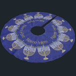 Hanukkah Gold Menorah Family Chrismukkah Brushed Polyester Tree Skirt<br><div class="desc">Personalize this now! This elegant pattern of gold Menorahs on deep faux-sparkly blue will look lovely under your Christmas bush or your Hanukkah tree. Blending holiday traditions doesn't need to be a challenge for interfaith families; embrace them all with love. A Chrismukkah tree skirt with Hanukkah Menorahs along with personalized...</div>