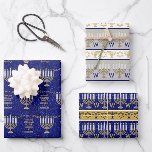 Hanukkah Gold Menorah Monogram Chic Assortment Wrapping Paper Sheets