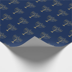 Hanukkah Gold Menorah on Blue Pattern Wrapping Paper