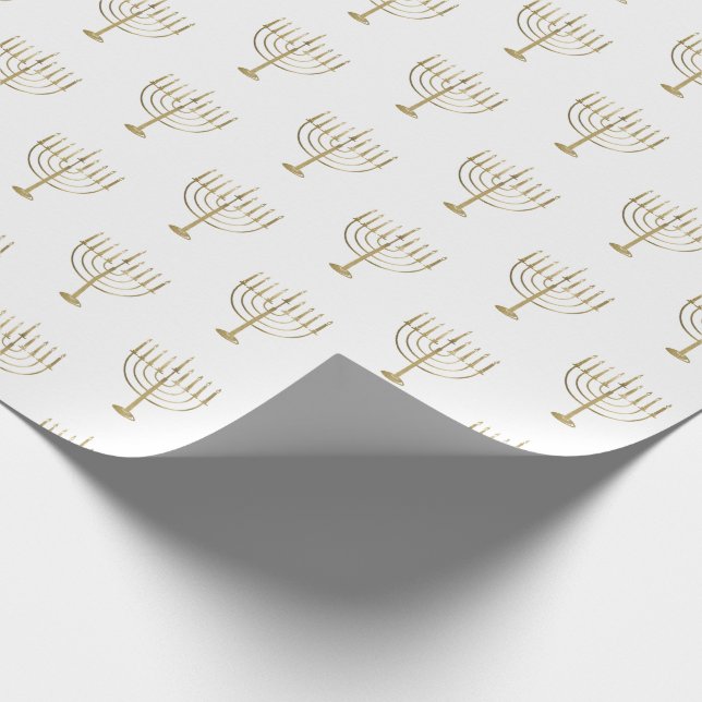 Hanukkah Gold Menorah on White Pattern Wrapping Paper (Corner)