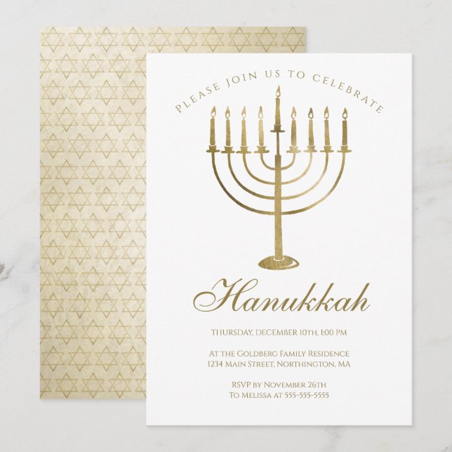 Hanukkah Gold Menorah Star of David Celebration Invitation (Front/Back)