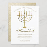 Hanukkah Gold Menorah Star of David Celebration Invitation<br><div class="desc">This elegant Hanukkah celebration invitation features a faux gold menorah on the front with your details to personalize in faux gold typography. On the back of the card is a pattern of gold star of David on a gold shimmer background. Designed by world renowned artist ©Tim Coffey.</div>