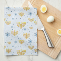 Hanukkah Gold &amp; Navy Blue Menorah Pattern Kitchen Towel