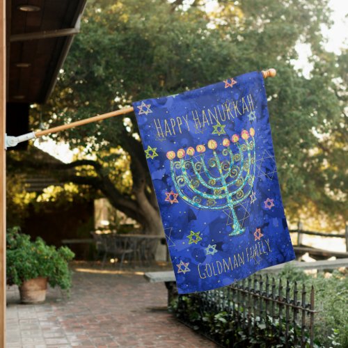 Hanukkah Gold Star of David Menorah Name House Flag