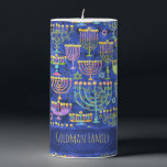 Hanukkah Gold Star of David Menorah Name Pillar Candle<br><div class="desc">This Hanukkah candle features a pattern of menorah and gold Star of David on blue. Below is your family name in faux gold to personalize. Designed by world renowned artist ©Tim Coffey.</div>