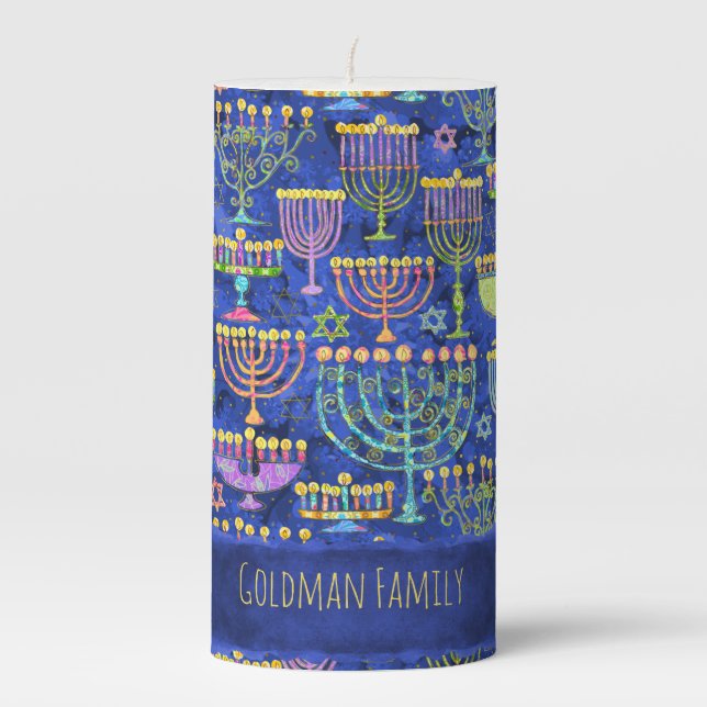 Hanukkah Gold Star of David Menorah Name Pillar Candle (Front)
