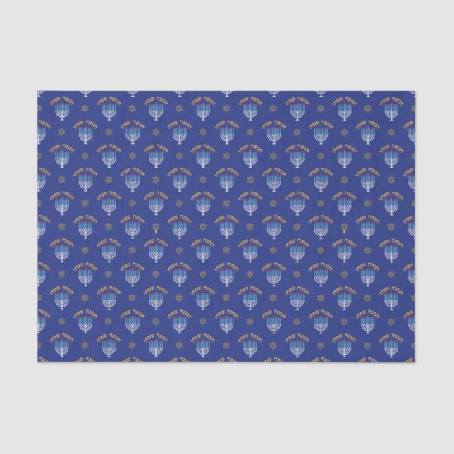  Hanukkah Gold Star of David Menorah White Blue Tissue Paper (Front)