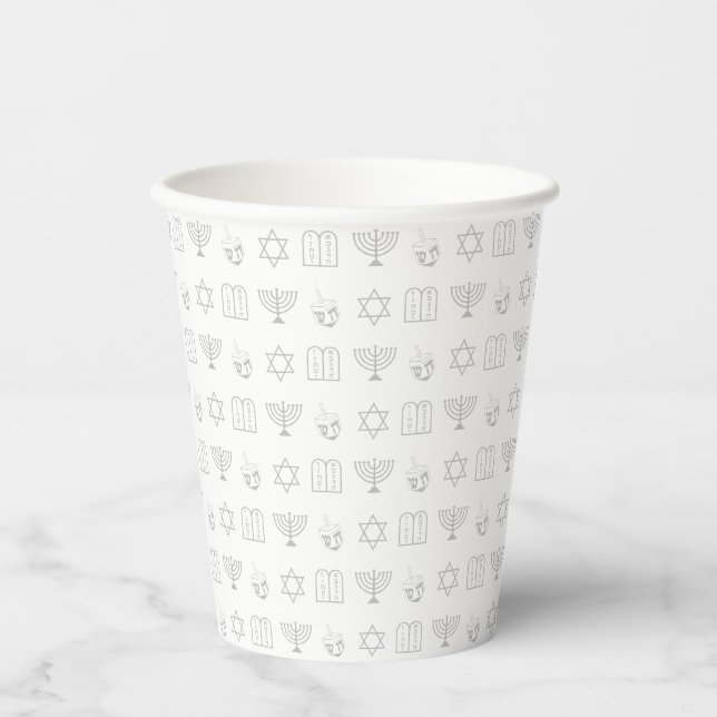 Hanukkah gray and white jewish holiday pattern paper cups (Front)