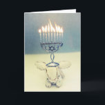 Hanukkah Greeting Card - Aldo a Rabbit and Menorah<br><div class="desc">Celebrate Hanukkah with Aldo, the bunny with a sense of humor. This rabbit loves to put stuff on his head. This Menorah is his favorite. Now he's celebrating the Festival of Lights in style with this holiday ornament! The Menorah stands for light, wisdom, and Divine inspiration. Aldo is a Perfect...</div>