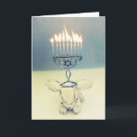 Hanukkah Greeting Card - Aldo a Rabbit and Menorah<br><div class="desc">Celebrate Hanukkah with Aldo, the bunny with a sense of humor. This rabbit loves to put stuff on his head. This Menorah is his favorite. Now he's celebrating the Festival of Lights in style with this holiday ornament! The Menorah stands for light, wisdom, and Divine inspiration. Aldo is a Perfect...</div>