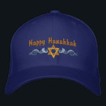 Hanukkah Greeting Embroidered Baseball Cap<br><div class="desc">Hanukkah design features a gold Star of David with  blue swirls. Text above says Happy Hanukkah,  but is optional and can be customized by you or deleted.</div>