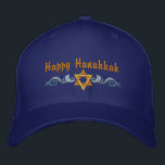 Hanukkah Greeting Embroidered Baseball Cap<br><div class="desc">Hanukkah design features a gold Star of David with  blue swirls. Text above says Happy Hanukkah,  but is optional and can be customized by you or deleted.</div>