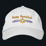 Hanukkah Greeting Embroidered Baseball Cap<br><div class="desc">Hanukkah design features a gold Star of David with  blue swirls. Text above says Happy Hanukkah,  but is optional and can be customized by you or deleted.</div>