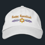 Hanukkah Greeting Embroidered Baseball Cap<br><div class="desc">Hanukkah design features a gold Star of David with blue swirls. Text above says Happy Hanukkah, but is optional and can be customized by you or deleted.</div>