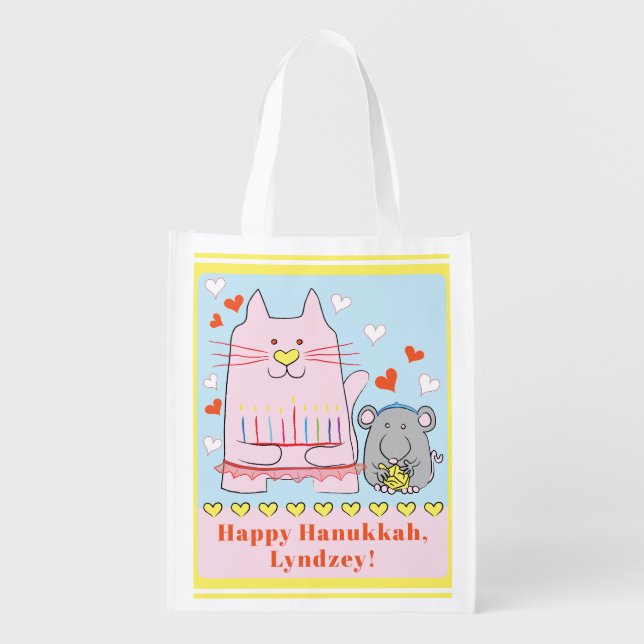 Hanukkah Happy Cat and Mouse Grocery Bag (Front)